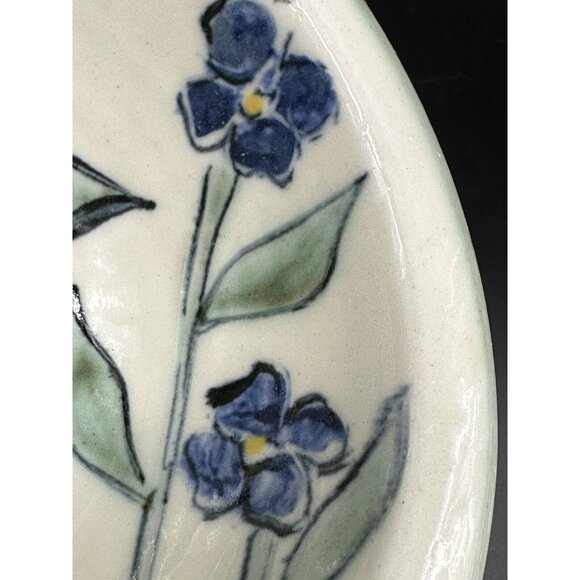 Studio Art Pottery Bowl Violets Trillium Flowers Hand Painted Signed Floral Dish - Picture 5 of 9